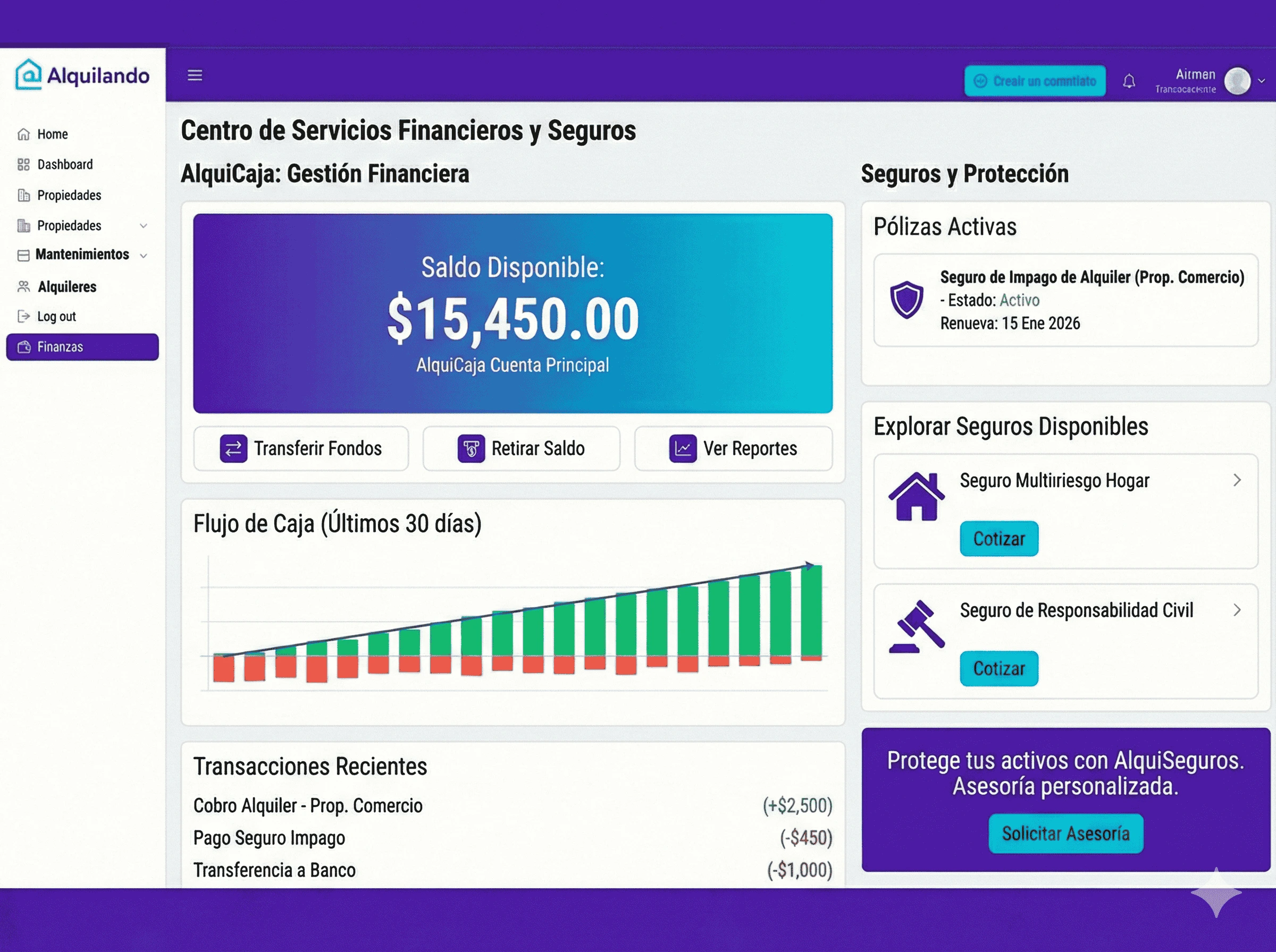 Usuario accediendo a los servicios financieros de AlquiCaja y seguros desde la plataforma digital de Alquilando.